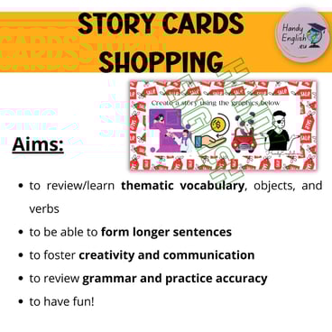SHOPPING ELA ESL Creative Task Cards for speaking writing, and vocabulary