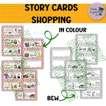SHOPPING ELA ESL Creative Task Cards for speaking writing, and vocabulary
