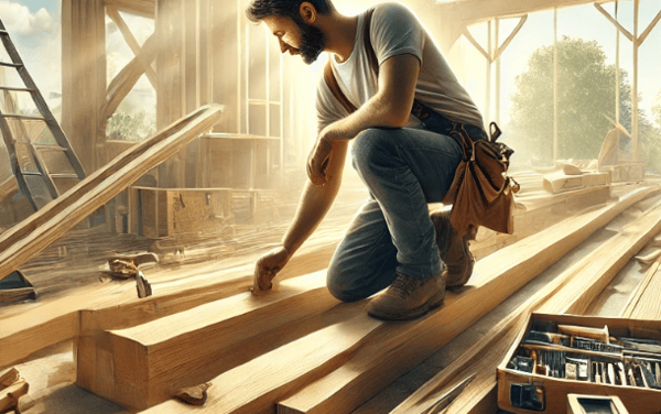 Charpentier de Couverture Bormes installant une poutre en bois, entouré d'outils de menuiserie