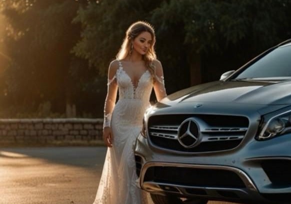 Noiva com um luz de ouro por trás, encostada em uma Mercedes GLA 200 cinza