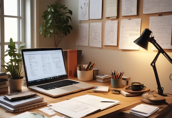 Un bureau avec ordinateur pour décrire la pré production d'une vidéo d'entreprise