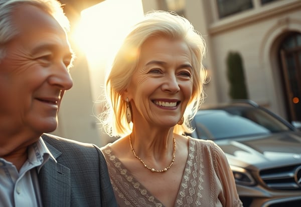 Casal de idosos, refinados, com uma mercedes benz cinza ao fundo