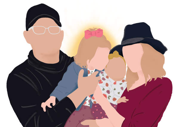 Illustration of family, including father, mother, toddler daughter with halo and rainbow baby