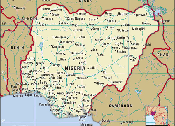 Map of Nigeria - with towns and cities