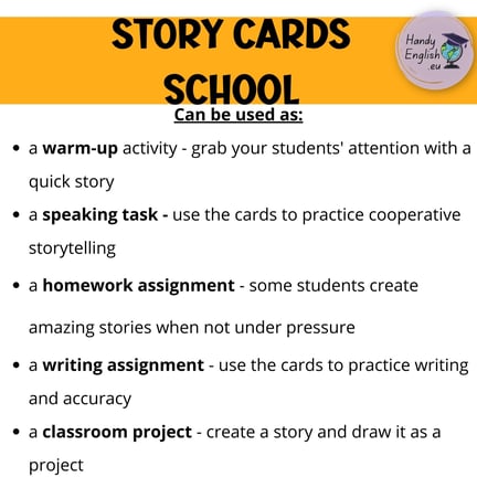 warm up, speaking tasks, homework/writing assignment, classroom projects, back to school