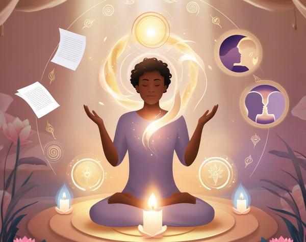 a woman sitting in a meditation position with a candle