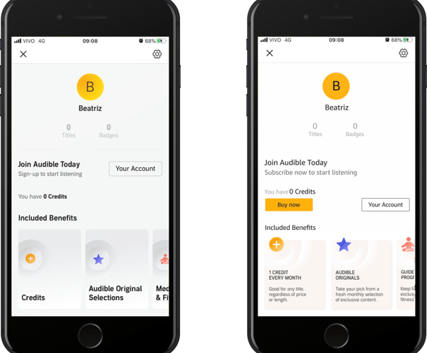 Audible Profile screen before and after