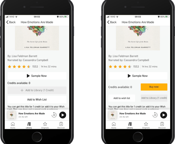 Audible Audiobook screen before and after