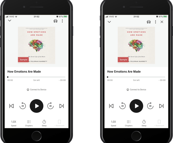 Audible Player screen before and after