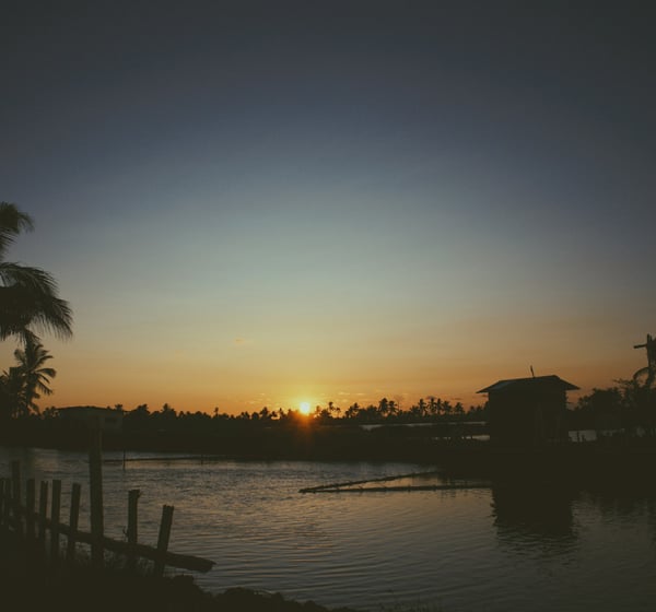 A small hut by the water body under the sunset, Kadamakkudy, Kerala, India