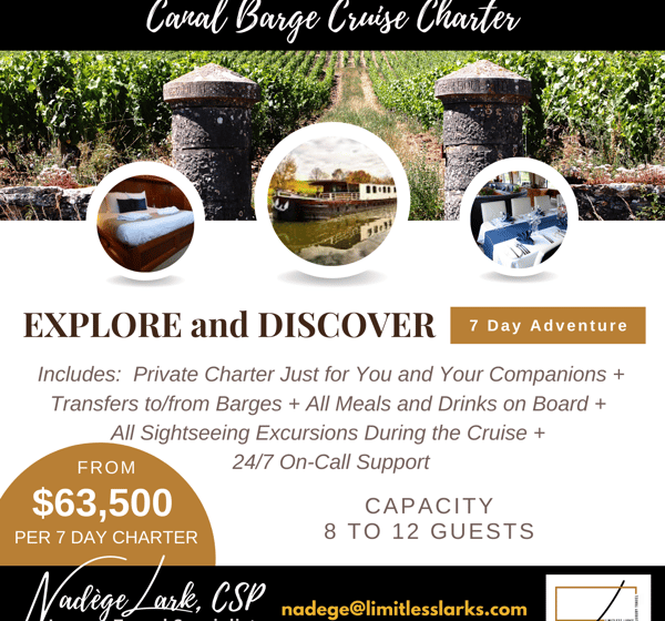 Canal Barge Cruise Charter, 8-11 pax limit, 7 day All Inclusive, From $63,500 per charter