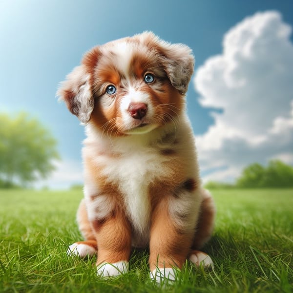 cachorro de raza pastor australiano ovejero color red merle y ojos azules en Pet Lovers Criadero