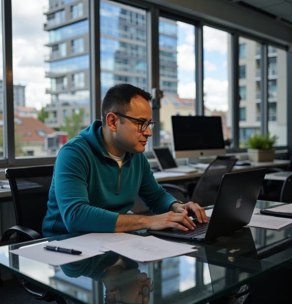 a man sitting at a desk with a laptop computer, darouiche darouiche