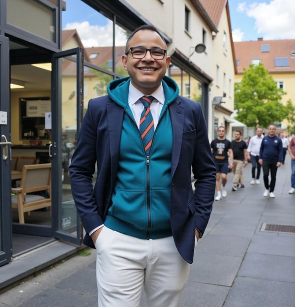 a man in a suit and tie standing in front of a building, darouiche darouiche