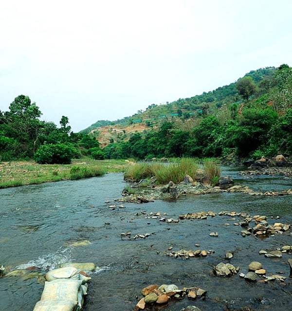 a river with rocks and rocks in the foreground