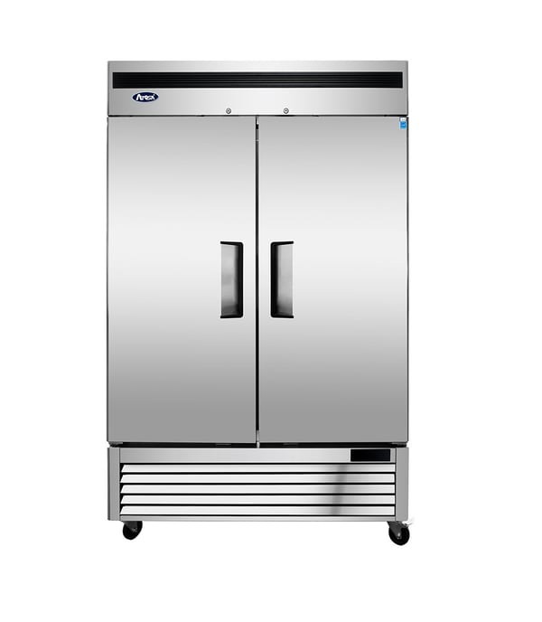 a refrigerator with a stainless steel refrigerator and a large freezer