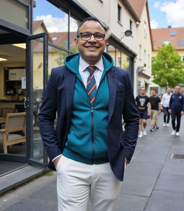 a man in a suit and tie standing in front of a building