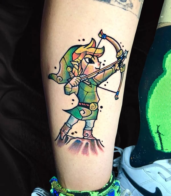 A cartoonish traditional tattoo about Link the legend of Zelda