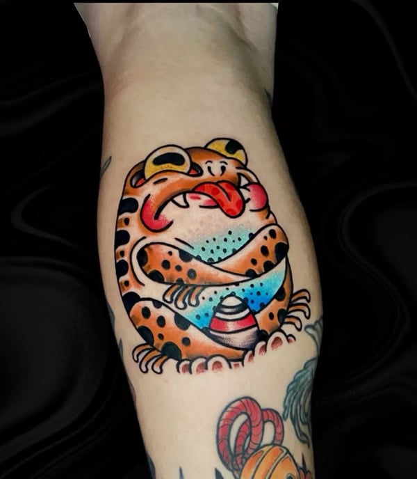 Traditional tattoo of ogama the frog yokai but cartoonished