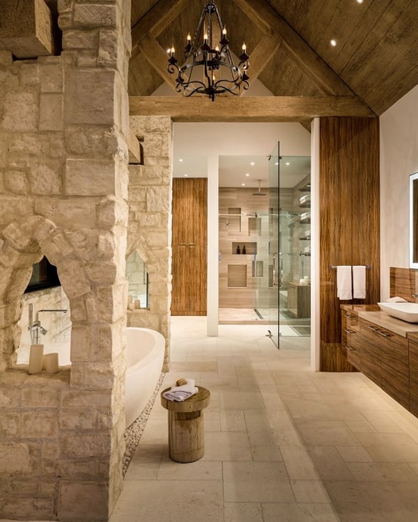 Stone interior with chandelier