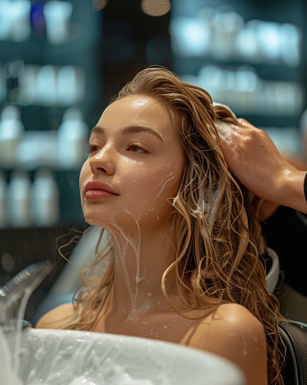 Woman at salon getting her hair dyed blonde before extension application by Cris Almeida Extension