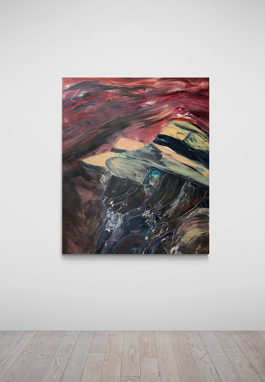 Oil painting on canvas titled 'Campesinas Canarias by Sherezade Morales, artist from Lanzarote.