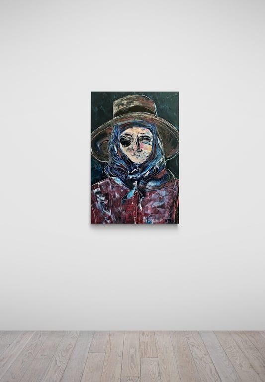 Oil painting on canvas Titled 'Santiguadora' by Sherezade Morales, a visonary artist from Lanzarote