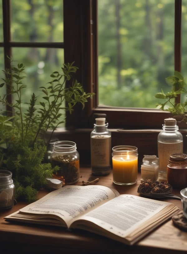a book open book with a candle and herbal jars
