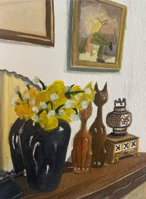 My mantlepiece in August 2024. watercolour and ink on cotton rag