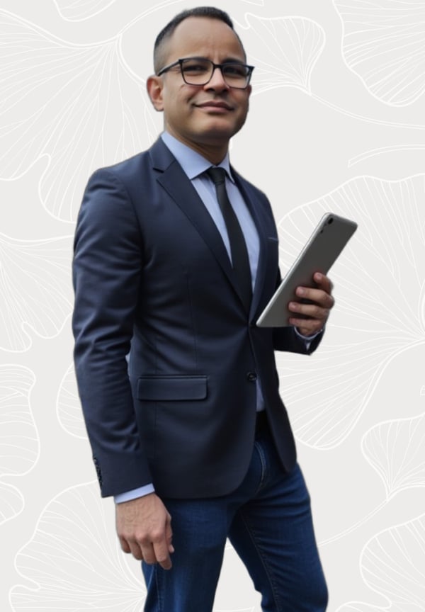 a man in a suit and tie with a tablet