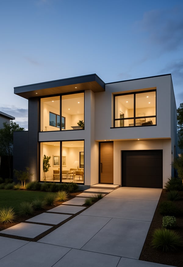 a modern home illuminated in the evening.