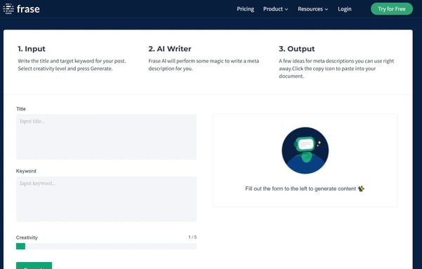 Screenshot of Frase's free meta description tool