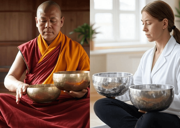 Tibetan monk and modern practinioner of singing bowls, both meditating