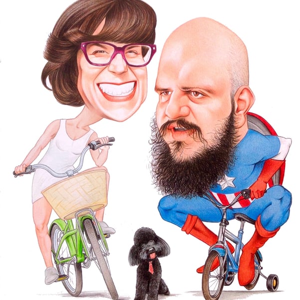 Caricatura sposi in bicicletta