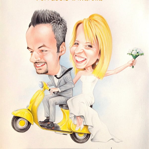 Caricatura Sposi in Vespa idea regalo di Matrimonio