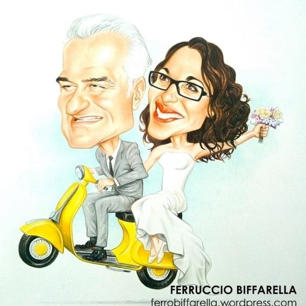 Caricatura idea regalo matrimonio sposi in vespa