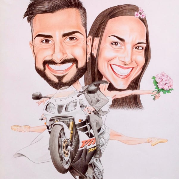 Caricatura idea regalo Sposi in Moto