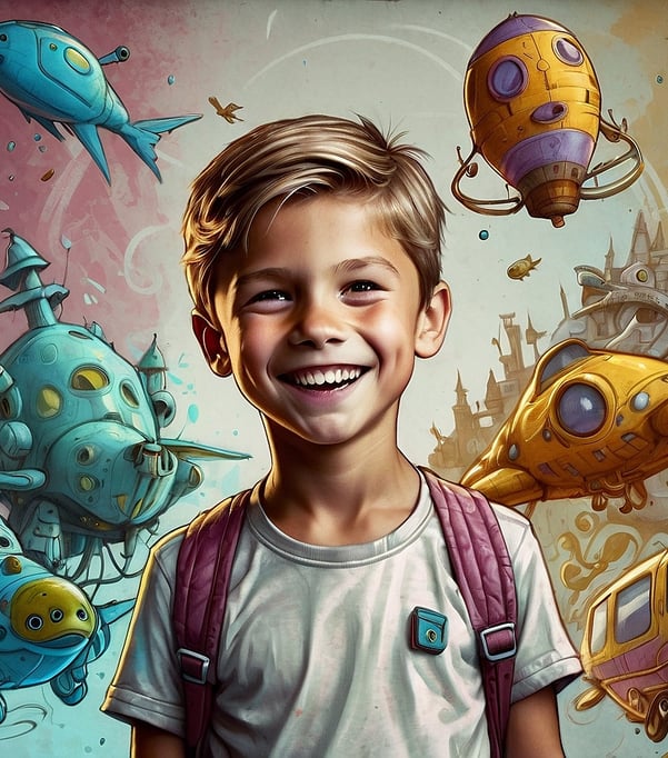 Portrait photo transformed into a young boy with a backpack and backpack on a trip