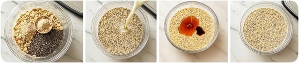 Making overnight oats: add ingredients, pour milk, mix in honey and vanilla, ready to chill.