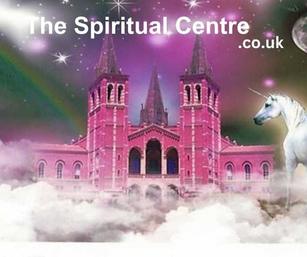 The Spiritual Centre, a pink building in clouds with rainbows and unicorn