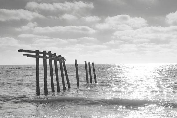 A black & white photo looking out to sea from Cuckmere Haven in the foreground is the jagged remains of an old groyne.