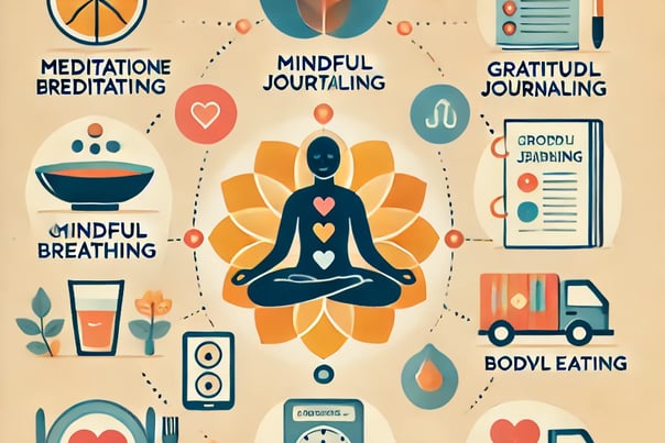 An informative infographic illustrating simple mindfulness practices for wellness, including meditat
