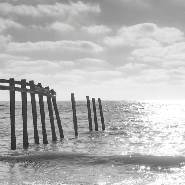 A black & white photo looking out to sea from Cuckmere Haven in the foreground is the jagged remains of an old groyne.