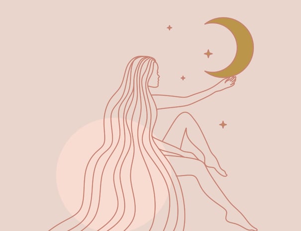 Illustration d’une femme tenant la lune dans sa main, symbolisant intuition et mystère.