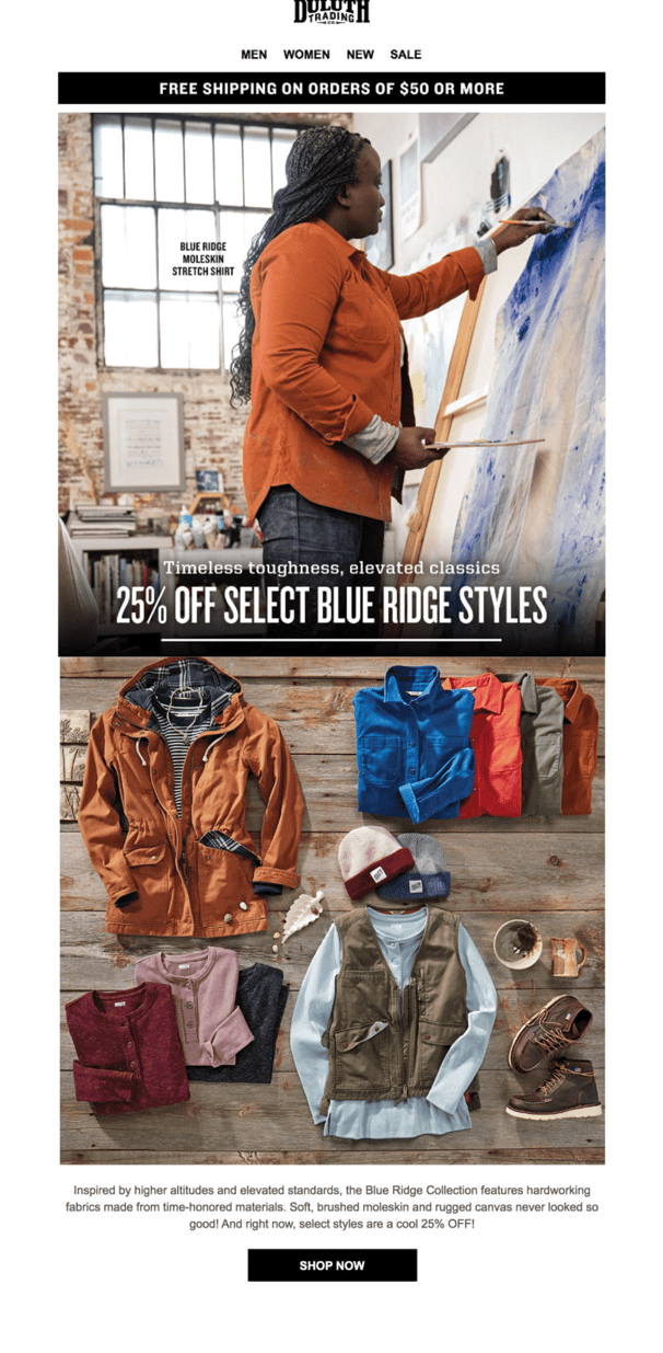 Screenshot of an email featuring Duluth Trading model Lanecia in her painting studio.