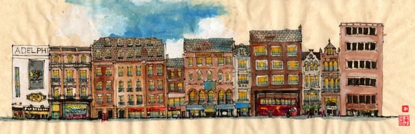 a painting of London china town, cityscape of a city