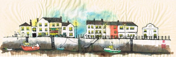 The quay, Appledore | Part 2 of 3 | mixed media on rice paper, a painting of a boat in the water