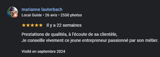 Avis Google 5 étoiles de Marianne Lauterbach recommandant un jeune entrepreneur pour son professionn