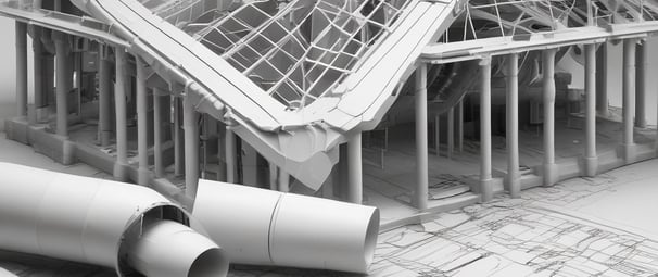 Curved wooden beams and metal architectural elements create a complex and modern structural design. The lines of the materials form an intricate pattern, suggesting a contemporary building or structure with an emphasis on engineering and aesthetics.