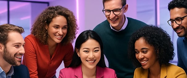 Diverse team of professionals collaborating around a screen, symbolizing teamwork and data-driven in